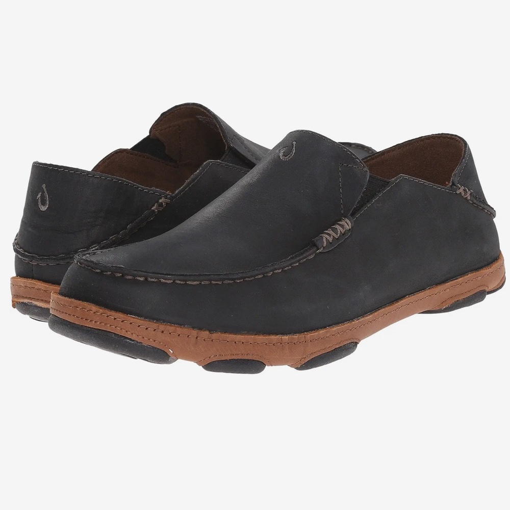 OluKai Mens Moloa Charcoal Black Leather Slip-On Loafers Slides Boat/Board shoes